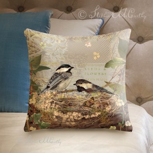 Chickadee Birds Lace-Collage-Art Pillow And Insert, 14x14 By Stephie Mccarthy, Faux Linen