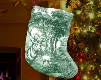 Christmas Holiday Stocking Reindeer French Green Toile Design on Faux Linen, 12"x20" Rustic Farmhouse Deer