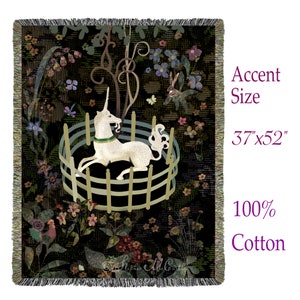 Unicorn Tapestry Throw: French Mille Fleur Style, USA Made Cotton Blanket (37&quot;x52&quot;)