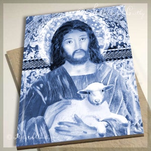 May include: A blue and white image of Jesus holding a white lamb in his arms. The image is set against a blue and white patterned background.