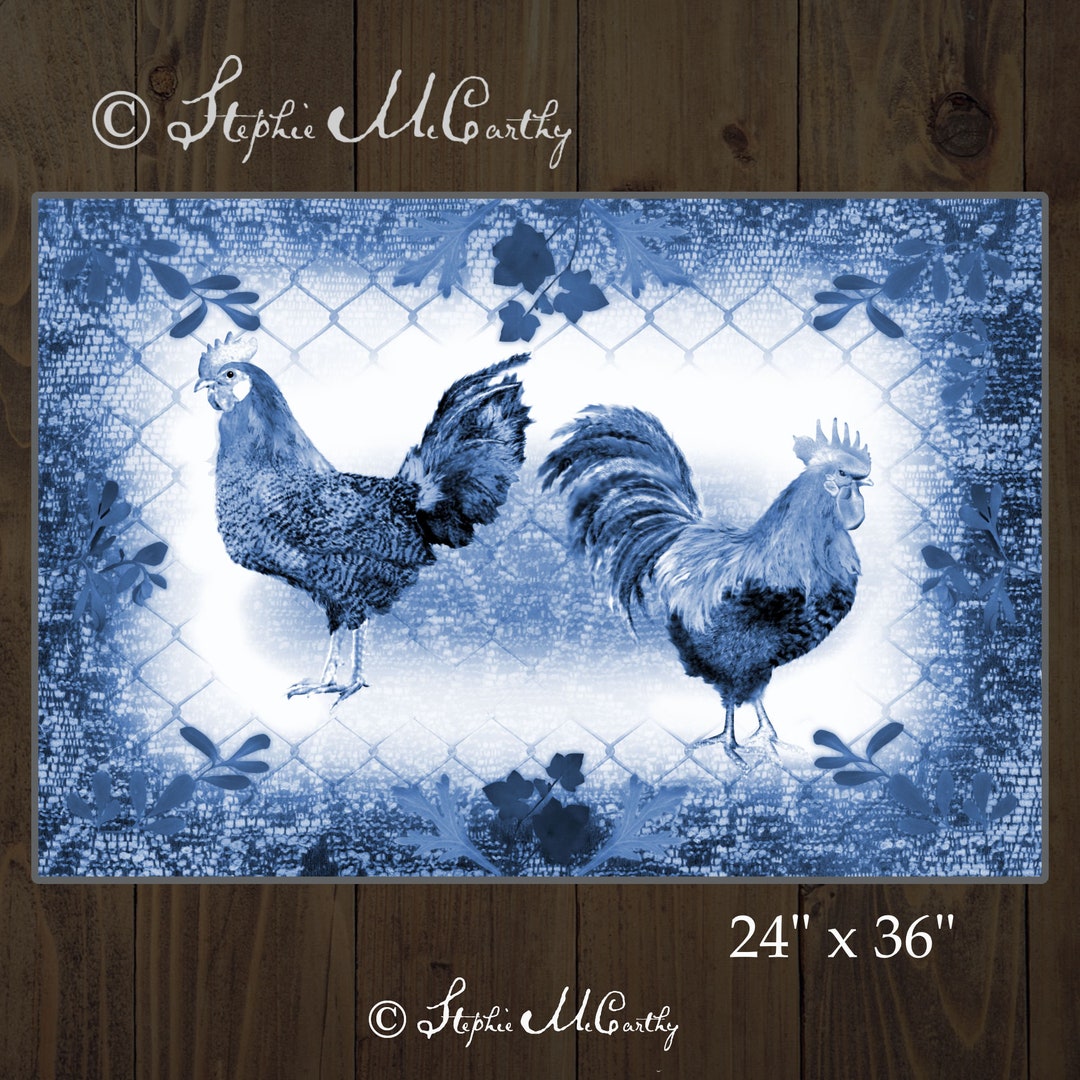 Blue Chicken Rug Delft-style Chicken Rug: Blue & White Chenille Mat (24