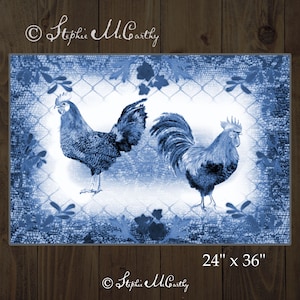 May include: Two blue roosters with white accents stand on a blue and white patterned background with a wire fence design. The background also has a floral design. The image is 24 inches by 36 inches.