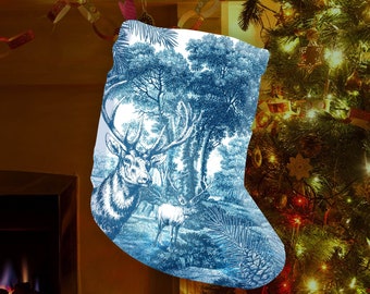 Reindeer Christmas Stocking: French Blue Toile Faux Linen, 12"x20"