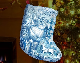Christmas Stocking: French Blue Toile Santa, Rustic Farmhouse Decor (12"x20")