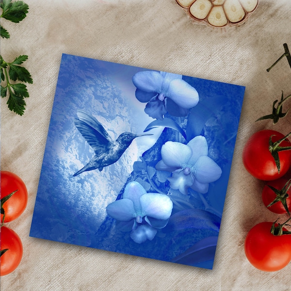 Ceramic Tile with Hummingbird and Orchids, ‘Delft' Blue, White, 6”x6”