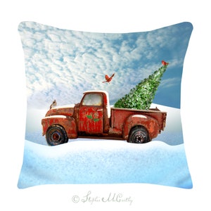Pillow Cover and Insert with Red Country Farm Truck Holiday Design, 14&quot;x14&quot;, faux linen