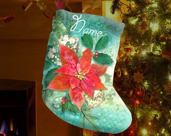 Christmas Holiday Stocking Poinsettia Floral Design on Faux Linen, 12"x20" Personalized or Plain
