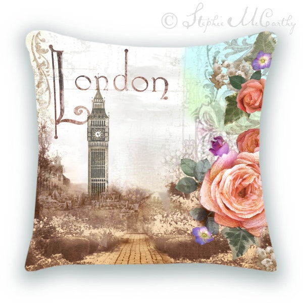 England Big Ben Clock Tower London Garden Pillow 14"x14" by Stephie McCarthy, faux linen