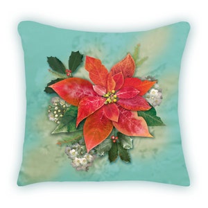 Pillow Cover and Insert with Bright Christmas Holiday Poinsettia, 14"x14", faux linen