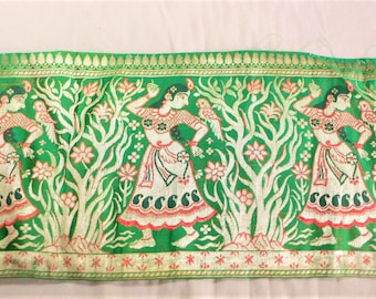 Vintage 6-5/8" Wide Border trim Girls + parrots Tree of Life Ribbon Indian / Costume Design / Interior design /half yard / more available