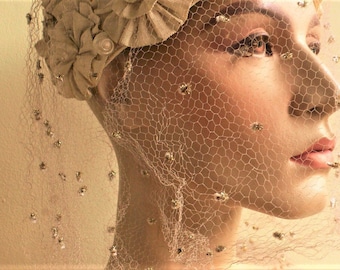 Vintage Grey Veiling millinery veil, netting tulle, cloche, millinery supplies 16" Wide / Chenille Gold metallic dots // by the yard