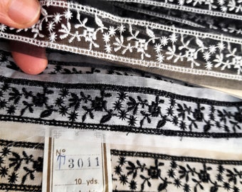 Antique Floral trim, Austrian Black embroidery on white, or White embroidery on black, fine cotton trim, yardage