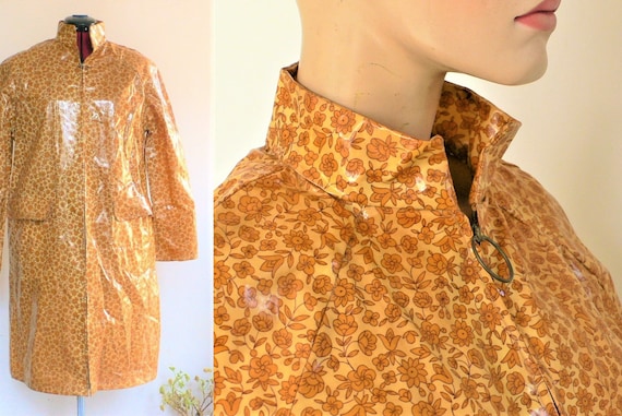 Vintage Raincoat 1960s 1970s Pull Zip Flower Rainc