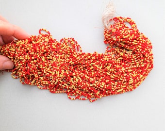 Antique Seed Beads, Vintage Seed Bead Hank, red and yellow Glass Seed Beads / 20 beads per inch, Flapper beads 165 grams