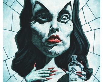 May include: A caricature of a woman with dark hair and red lipstick, wearing a black dress and holding a bottle labeled "ACID" with a skull and crossbones.