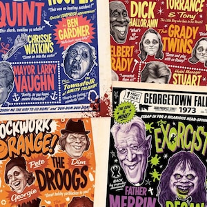 Set of 4 Comedy Variety posters JAWS, The Shining, A Clockwork Orange and The Exorcist - 16.5" x 11.75" (420mm x 297mm) A3 signed