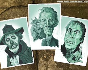 Set of 3 Masters of Horror signed art prints A4 size - Vincent Price, Peter Cushing, Christopher Lee.