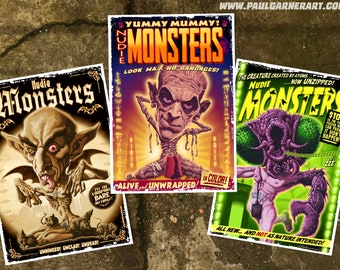 Set of 3 Nudie Monsters - Nosferatu, The Mummy & The Fly.