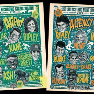 May include: Two rectangular posters featuring caricature illustrations of characters from the Alien and Aliens films. The left poster is green with the text USCSS NOSTROMO STASIS SEASON, while the right poster is blue with US SULACO BUG HUNT SEASON.