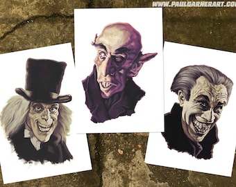 Set of 3 Silent Horror Stars signed art prints A4 size - Lon Chaney, Nosferatu, Conrad Veidt.