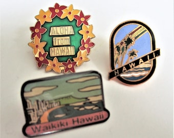 Hawaii Destination Travel Tac Pins Your Choice Vintage Tourist Lapel / Hat / Backpack Pin Hawaiian Lei Palm Trees Waikiki Pins