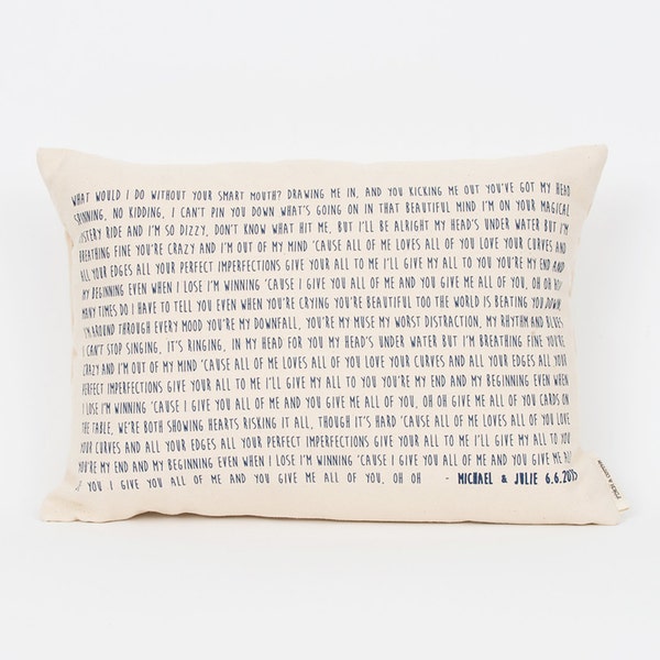 Personalized Song Lyric Pillow, 2nd Anniversary Cotton Gift, Wedding Song Gift, Gift for Her, Song Lyric Gifts, Gift for Bride, Home Gifts