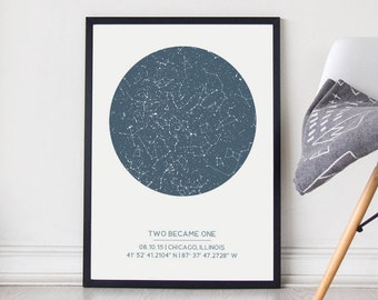 Custom Star Map by Date Poster, Available Framed, Unique Gift Idea, Constellation Print, First Anniversary Gift, Wedding Gift, Gift for Men