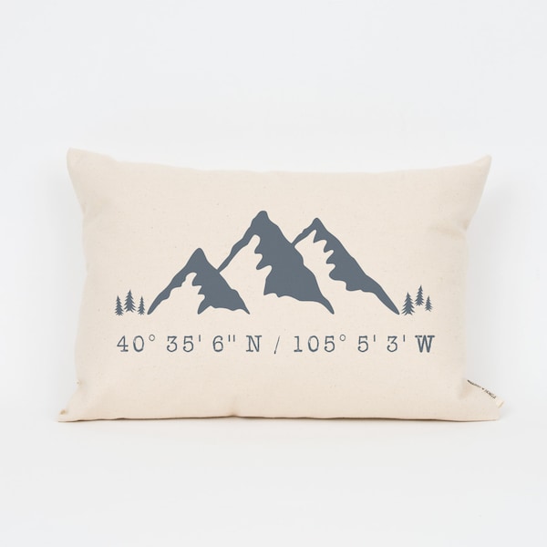 Personalized Mountain Coordinates Pillow, gps Coordinates, Custom Map Pillow, Rustic Home Decor, Travel Gift, Wanderlust, Gift for Him