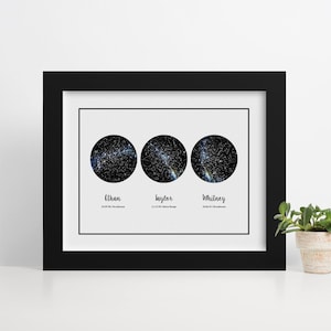 Custom 3 Sky Constellation Map, Anniversary Gift, Kid's Birthday Print, Night Sky Art, Custom Sky Map, Star Maps by Date, Wall Decor