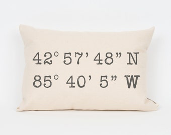 Personalized Coordinates Pillow, Custom Latitude Longitude Pillow, Anniversary Gift for Him, New Home Housewarming Gift, Realtor Closing
