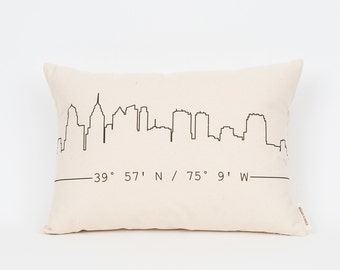 Personalized City Skyline Pillow, Gift for Friend, Housewarming Gift, Gift for Best Friend, New Home Gift, Skyline Art, Custom Coordinates