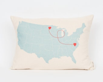 Personalized USA Map Pillow, Gift for Mom, Long Distance Love Pillow, Custom Map Pillow, State to State Pillow, Gift for Best Friend