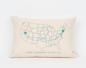 Custom US Map Pillow, Long Distance State Map, Home Accent Pillow, Gifts for Sisters, Going Away Gift, Gift for Mom, Cute Pillow