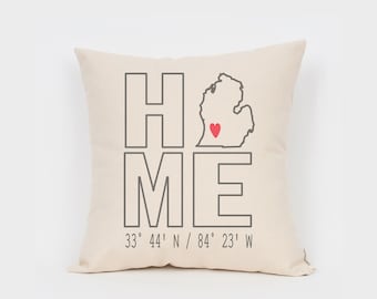 Custom Home Pillow 16", Custom State, Home Coordinates, Housewarming Gift, Closing Gift, Gift for Teacher, Going Away Gift