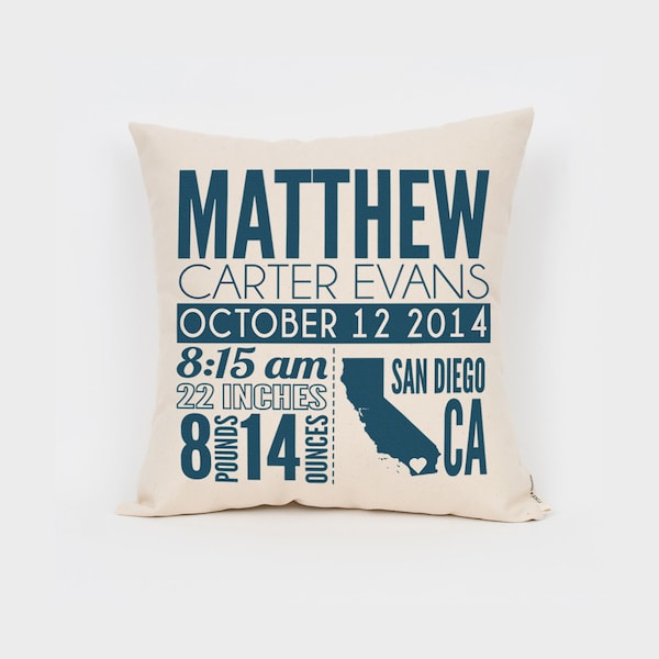 16" Custom Birth Announcement Pillow, New Baby Boy Gift, Birth Stats, Custom Kid Pillow, Gift for New Mom, Birth Gift