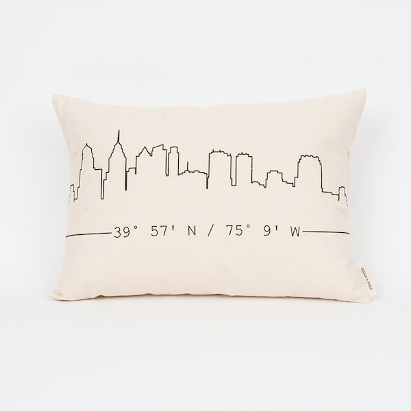Personalized City Skyline Pillow, Gift for Friend, Housewarming Gift, Gift for Best Friend, New Home Gift, Skyline Art, Custom Coordinates