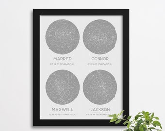 4 Date Star Map, Custom Night Sky Birthday's Poster, Paper Anniversary Gift Idea, Custom Constellation Poster, Framed Night Sky Poster