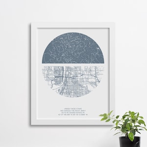Carte des étoiles personnalisée et carte des rues, idée cadeau d'anniversaire, cadeau de mariage unique, cadeau de mariage ciel nocturne, affiche encadrée ciel nocturne