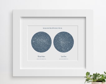 Custom Double Sky Star Map, Night Sky Print, Framed Constellation Map, Gift for Mom, Gift for Boyfriend, Custom Anniversary Gift Idea