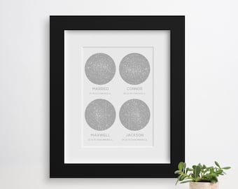 4 Date Star Map, Available Framed, Custom Family Print, Gift for New Baby, 4 Night Skies, Gift for Husband From Wife, Birthdays Keepsake