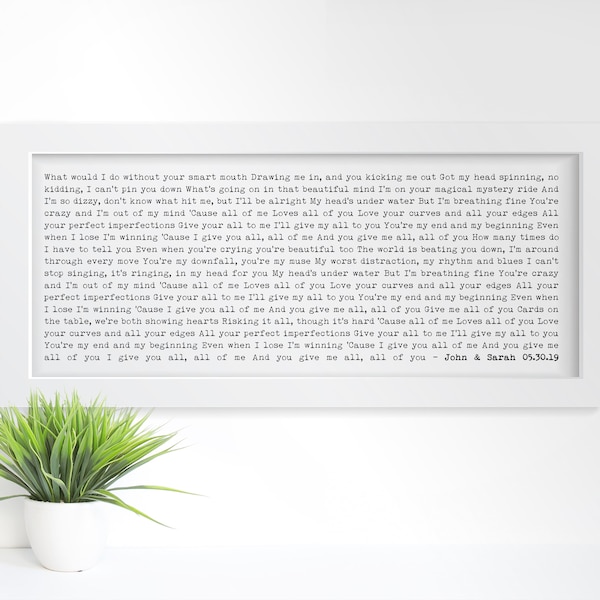 Custom Framed Song Lyric Print,  10"x24" Framed, 1st Anniversary Gift, Custom Wall Decor, Personalized Song Art, Wedding Song Gift,