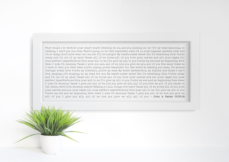 Custom Framed Song Lyric Print, 10x24 Framed, 1st Anniversary Gift, Custom Wall Decor, Personalized Song Art, Wedding Song Gift, image 1