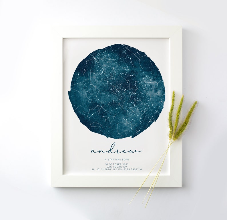 Custom Star Map, Water Color Night Sky, Personalized Constellation Map, Night You Were Born, New Baby Gift, Custom Wedding Gift, Stars Above image 1