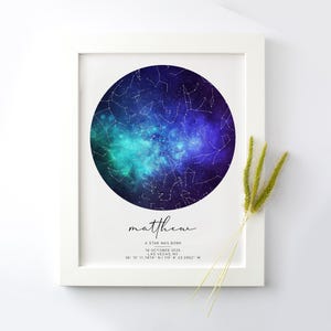 Carte des étoiles personnalisée, Ciel nocturne aquarelle nébuleuse, Carte de la constellation personnalisée, Votre nuit de naissance, Cadeau de naissance, Cadeau de mariage personnalisé