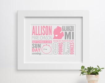 Birth Announcement Print, Framing Available, New Baby Gift, Baby Stats, Gift for New Mom, Nursery Decor, Gift for Godson, Gift for Niece