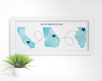 Love Knows Know Distance Framed Poster, 10"x24", Father's Day Gift, Going Away Gift, Gift for Mom, Custom Framed Print, Custom State Art