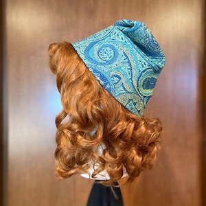 The Endora - a 1960s inspired pixie cap in blue green paisley