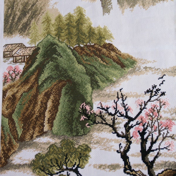 vintage tapestry needlepoint Chinese  Landscape cherry blossom