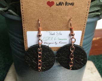 Genuine Leather and Copper chain Round Disc Drop earrings, Essential oil diffuser earrings, Gift Idea