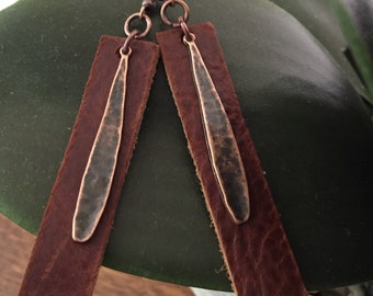 Saddle Brown Leather Drop earrings with Antique Copper Hammered Waterdrop  / Handmade / FREE SHIPPING